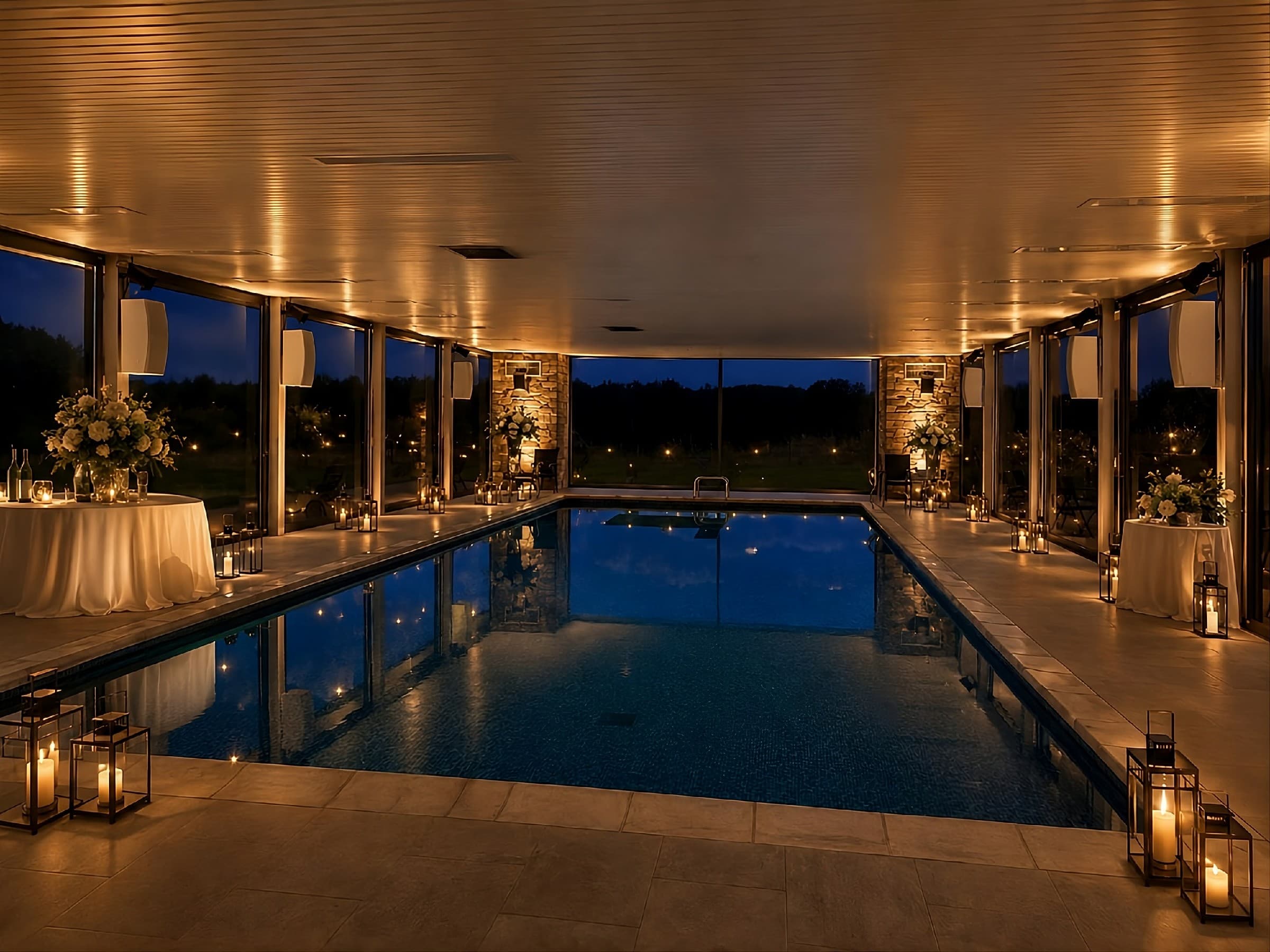 Espace piscine éclairé aux bougies pour une réception nocturne