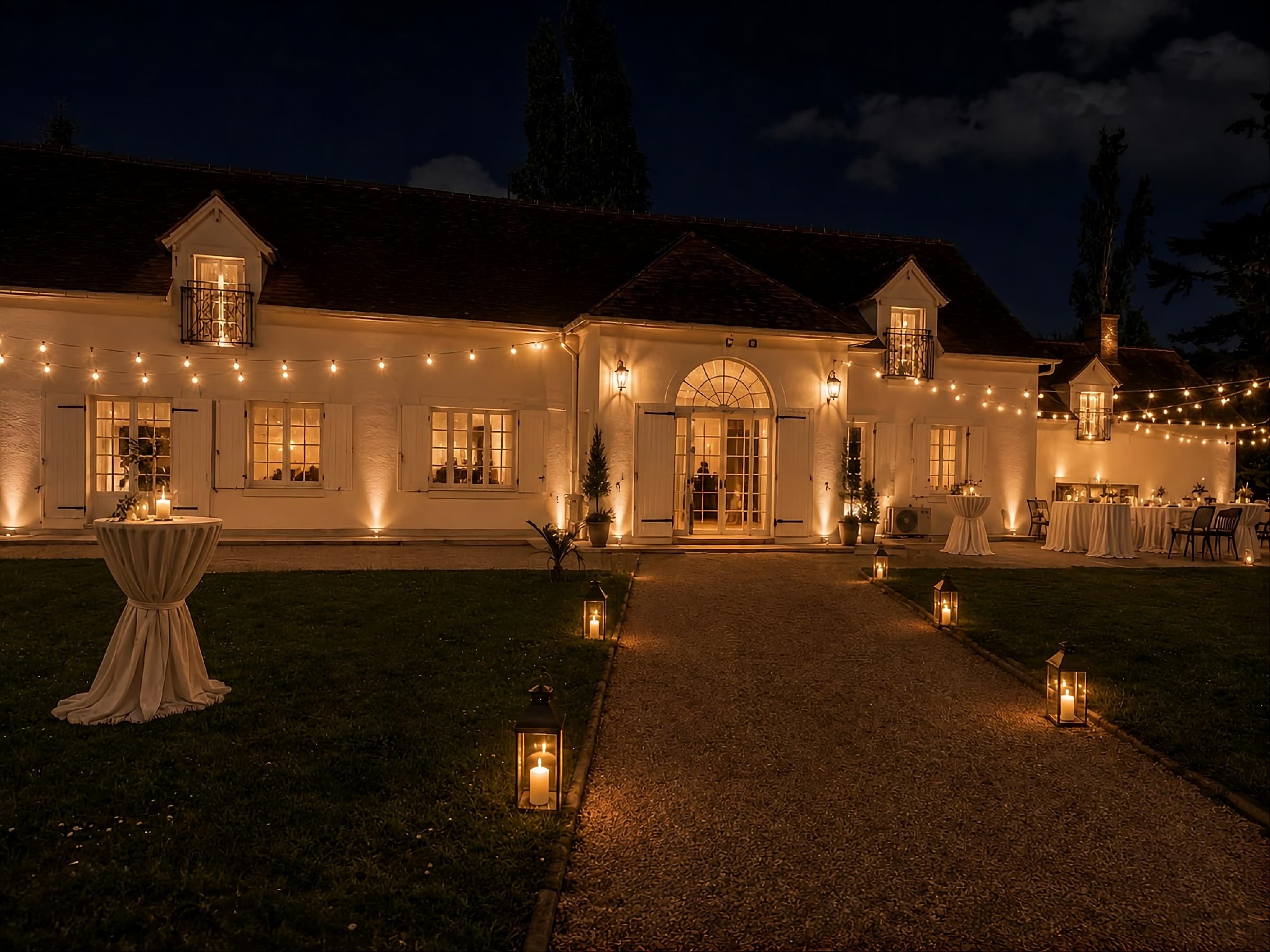 Façade du domaine illuminée pour une soirée privée